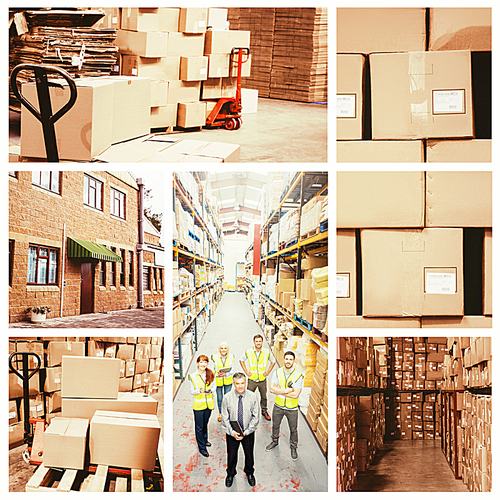 Composite image of warehouse with cardboard boxes