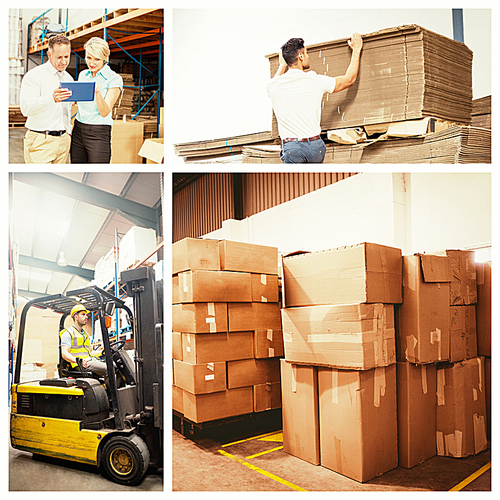 Composite image of cardboard boxes in warehouse