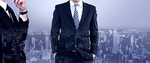 Composite image of smiling businessman standing with hands in pockets