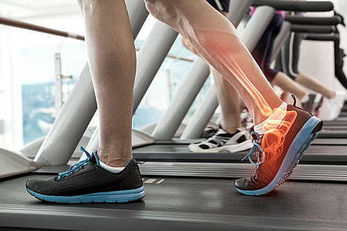Highlighted bones of man on treadmill