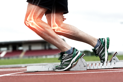 Digital composite of Highlighted bones of man about to race
