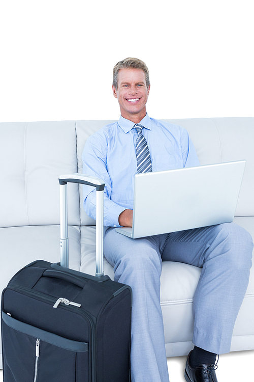 Portrait of a smiling elegant young businessman with laptop sitting on sofa at home