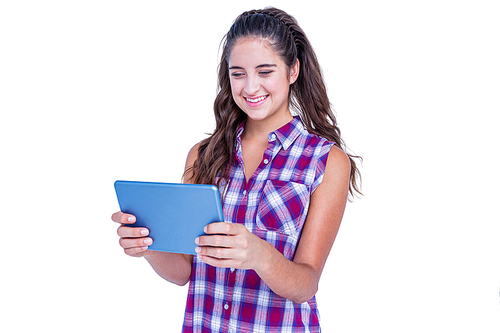 Happy pretty brunette using tablet computer on white background