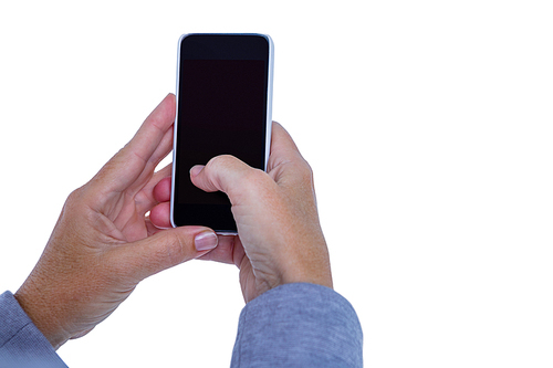 Hand of woman touching smartphone on white background