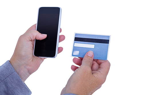 Woman holding credit card and smartphone on white background