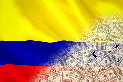 Pile of dollars against digitally generated colombia national flag