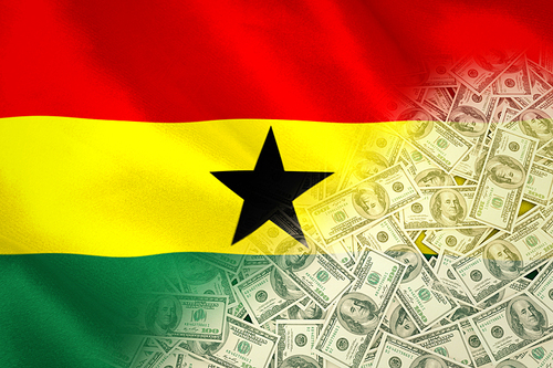 Pile of dollars against digitally generated ghana national flag