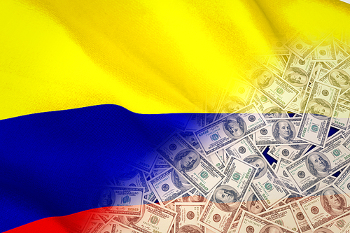 Pile of dollars against digitally generated colombia national flag