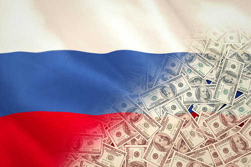 Pile of dollars against digitally generated russian national flag