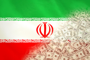 Pile of dollars against digitally generated iran national flag