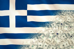 Pile of dollars against digitally generated greek national flag