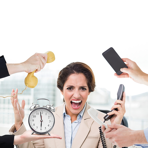 hand holding phone against furious businesswoman  and holding phone