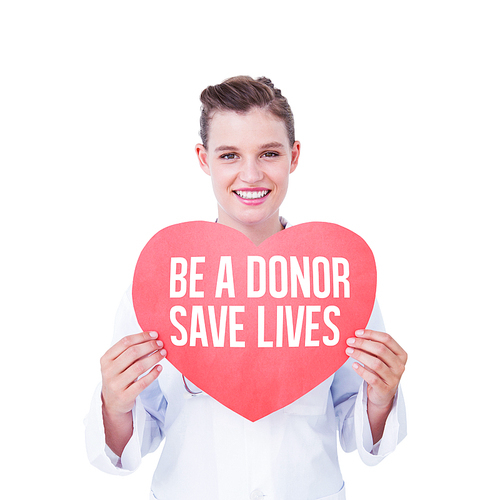 Smiling doctor holding heart card  against be a donor save lives