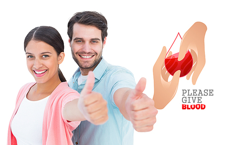 Happy couple showing thumbs up against blood donation