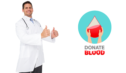 Handsome doctor showing thumbs up against blood donation