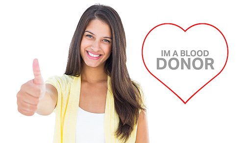 Happy casual woman showing thumbs up against blood donation