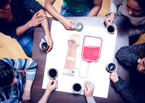 People sitting around table drinking coffee against blood donation