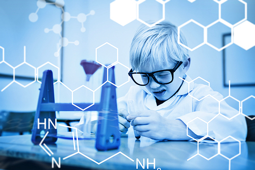 Science graphic against cute pupil dressed up as scientist in classroom