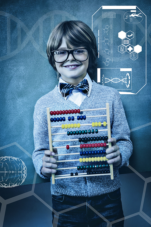 Science graphic against boy holding abacus in front of blackboard