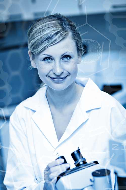 Science graphic against smiling female scientist using a microscope