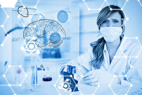 Science graphic against chemist working in protective suit with futuristic interface showing a brain