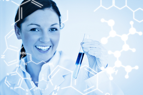 Science graphic against smiling scientist looking at the camera while holding a test tube