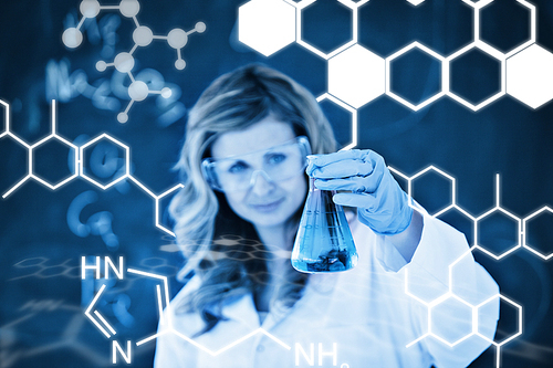 Science graphic against female scientist carrying out an experiment