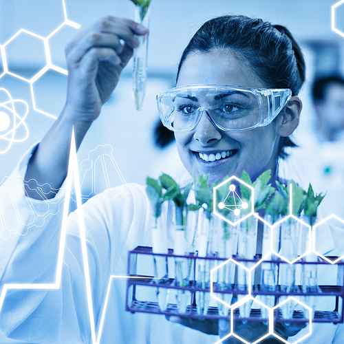 Science graphic against female scientist analyzing young plants at lab