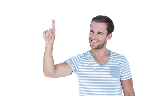 Happy handsome man gesturing finger up on white background