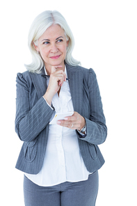 businesswoman holding notebook on white background