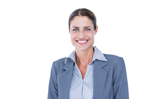 Businesswoman smiling on a white background looking at the camera