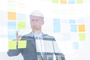 Puzzled businessman looking post its on the wall in the office