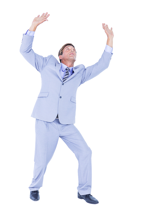 businessman afraid of the sky  on white background