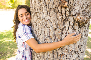 Pretty brunette hugging tree on a sunny day