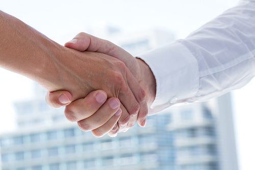 Close up view of two business people shaking hands in the office
