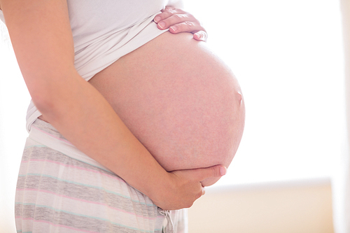 Pregnant woman holding her bump at home