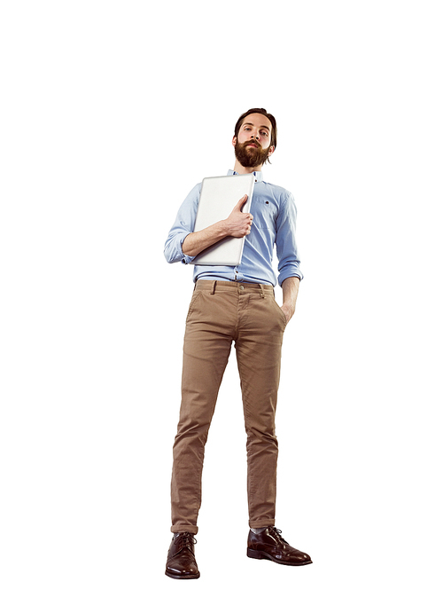 Handsome hipster holding a laptop on white background