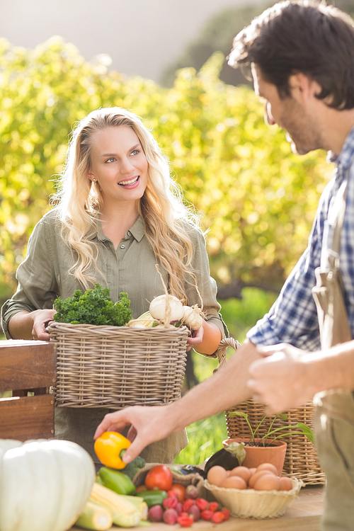 Smiling blonde customer holding a vegetables basket