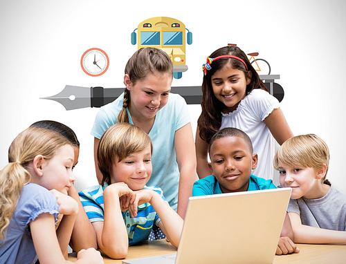 Cute pupils using tablet computer in library against white background with vignette