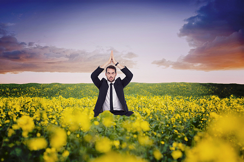 Businessman sitting in lotus pose with hands together against nature scene