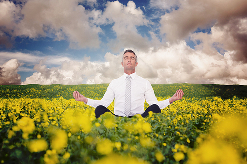 Zen businessman meditating in lotus pose  against nature scene