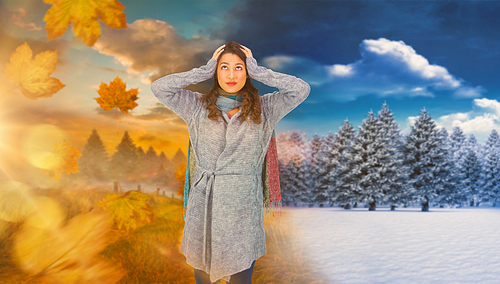 Composite image of anxious pretty brunette wearing winter clothes posing