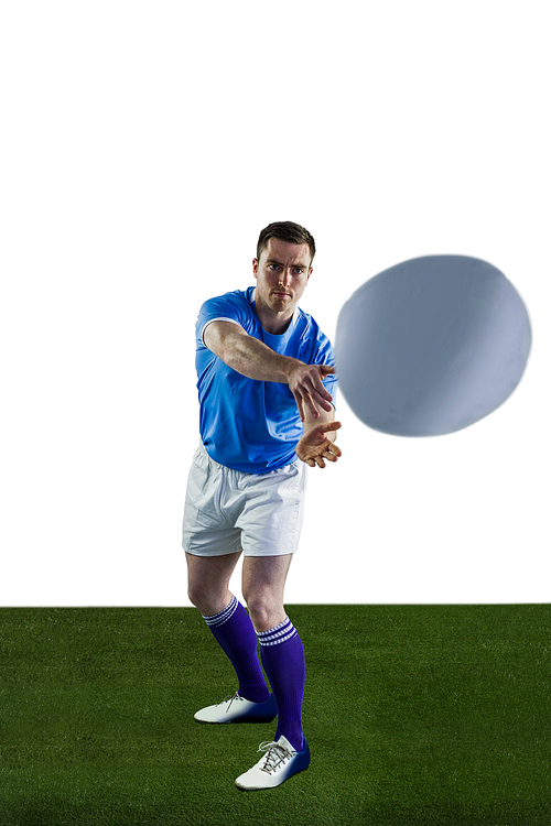 Rugbyman about to throw a rugby ball on a white background