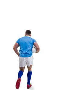 Rugby player running with the ball on white background