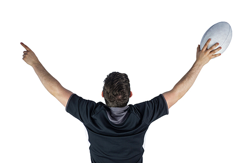 Back turned rugby player gesturing victory on a white background