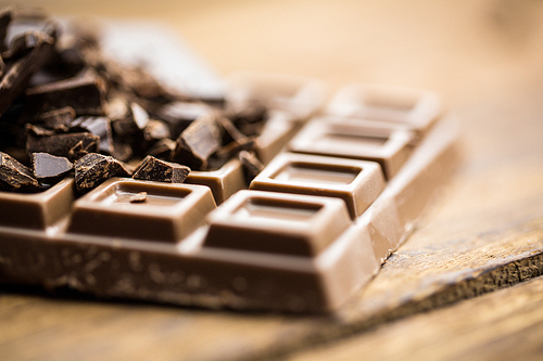 Close up view of dark and milk chocolate on a wooden table