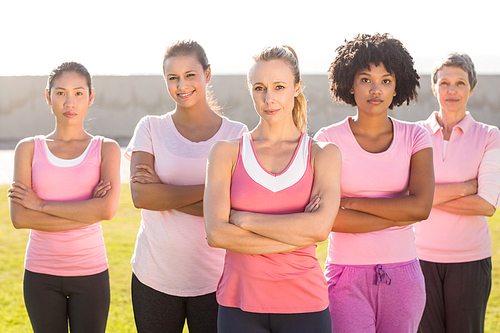 Portrait of women wearing pink for breast cancer with arms crossed in parkland