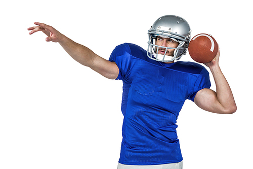 American football player about to throw the ball on white background