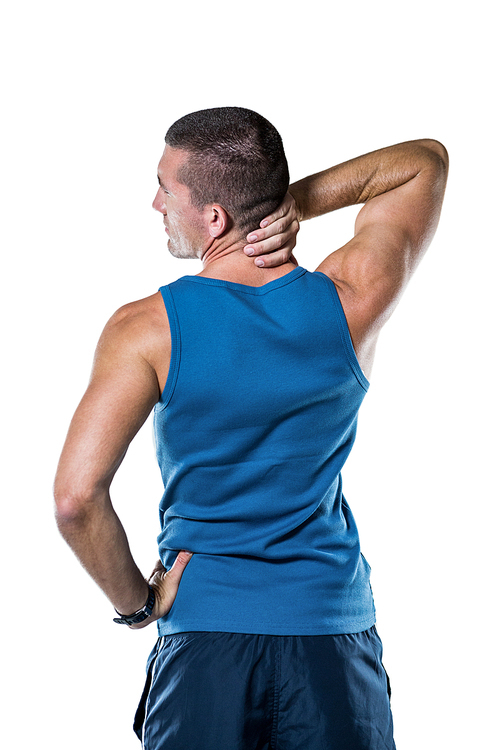 Rear view of athlete with neck pain over white background