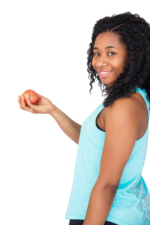 Model holding a red apple on white background